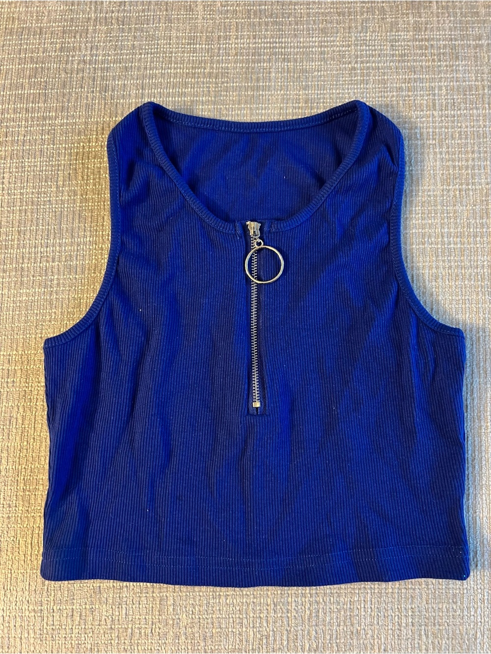 Blue Ribbed Tank Top with Front Zip Pull